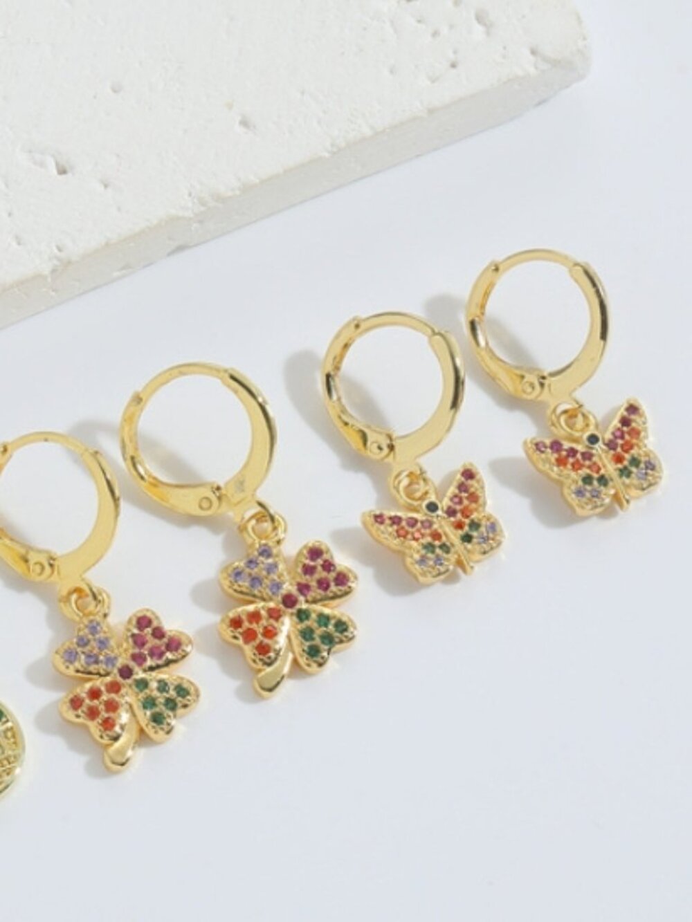 Colorful Zirconia Butterfly Clover Hoop Earrings Gold Plated Copper